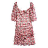 Women Boho Floral Print Mini Dresses  New Fashion Vintage Summer Female Half Puff Sleeve Sheath Dress Slim Sweet Chic
