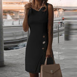 Office Lady Elegant Round Neck Sleeveless Party Dress Summer Women Vintage Solid Button Design Midi Dresses Casual Dress Vestido