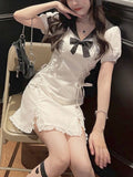 Summer Kawaii Party Mini Dress Women Y2K Patchwork Sweet Bandage Dress Female Bow Casual High Street Korean Designer Dress