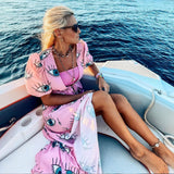 Soft Fabric Wrinkle-free Blue Eyes Chiffon Belted Summer Beach Dress Tunic Sexy Short Sleeve Women Beachwear Wrap Dresses D3