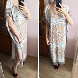 Women Summer Beach Dress Cotton Ethnic Print Kaftan Maxi Dress  Summer Loose Vintage Boho Beach Long Dress Vestidos Q393