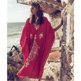 Red Bohemian Floral Embroidered Loose Summer Beach Dress Moroccan Caftan Plus Size Women Street Wear Midi Dress Sarong Q855