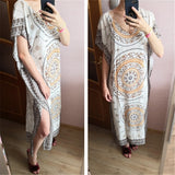 Women Summer Beach Dress Cotton Ethnic Print Kaftan Maxi Dress  Summer Loose Vintage Boho Beach Long Dress Vestidos Q393