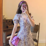 Midi Dress Women Elegant A-Line Korean Vintage Purple Chiffon Summer Woman  Dresses Party Square Collar Boho Vestidos