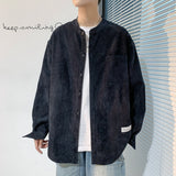 Momentlover Oversized Men Solid Corduroy Shirt Long Sleeve  Mens Pocket Streetwear Shirts Male Korean Fashions Black Shirt 5XL