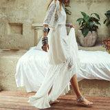 Deep V Neck Hollow Out Long Dress Women Plus Size Summer Beach Tunic White Sexy A Line Long Dress Vestidos Q274