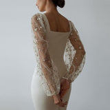 Spring Autumn Women Patchwork Embroidery Mesh Party Dress Lady Solid Lantern Sleeve Dress Elegant Square Collar Bodycon Dresses XJ0929