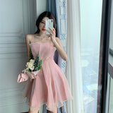 Billlani Women Sleeveless Dress Lace Elegant Solid Sexy Ladies Korean Style A-line Square Collar Spaghetti Strap Summer Fashion Ulzzang