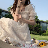 Summer Chiffon Elegant Kawali Dress Women Floral Print Sweet Princess Casual Midi Dress Puff Sleeve Party Holiday Dress