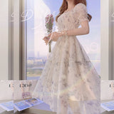 Summer Chiffon Elegant Kawali Dress Women Floral Print Sweet Princess Casual Midi Dress Puff Sleeve Party Holiday Dress