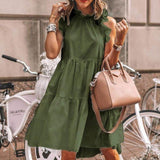Women Summer Ruffled Casual Dress Loose O-Neck Sleeveless Solid Color Stitching Pullover Dress  New Retro Mini Dress