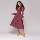 Christmas Gift Women Vintage Sashes A-Line Party Dress Long Sleeve V Neck Solid Elegant Casual Beach Dress  Summer New Fashion Dress