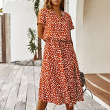 Christmas Gift Women Summer Boho Midi Dot Print Dress High Waist Shirt Casual Holiday Beach Short Sleeve Bohemian Elegant Casual Ladies Dress