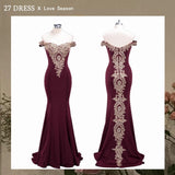 In Stock Mermaid Satin Wedding Party Dress Burgundy Long Lace Open Back Gold Lace Prom Gown Fashion Clothing Vestido De Festa
