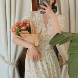 Vintage Floral Dress Women Elegant Lace Chiffon Korean Party Dress Puff Sleeve V Neck Midi Dress Fall Dresses For Women
