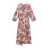 Summer Women Elegant Flower Print V-Neck Dress Female Vintage Lady Casual Streetwear Chic Slim Split Long Dresses