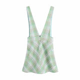 Women Summer   Tweed Women Fashion Vintage Green Plaid Sweet Dress Female Slim Office Lady V-Neck Sleeveless Casual Mini Dresses