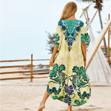 New Bohemian Printed V-Neck Half Sleeve Summer Beach Dress Green Cotton Tunic Women Beachwear Midi Dress Robe De Plage Q845