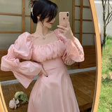 Sweet Back Puff Sleeve Dress Women Autumn  New Pink Bandage Dress Fashion Elegant Chiffon Long Dresses Female