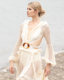 Sexy Deep V-neck Cut Out Long Sleeve Maxi Dress Long White Lace Tunic Party Women Clothes  Summer Beach Dress