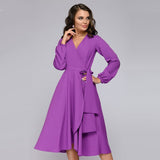 Christmas Gift Women Vintage Sashes A-Line Party Dress Long Sleeve V Neck Solid Elegant Casual Beach Dress  Summer New Fashion Dress