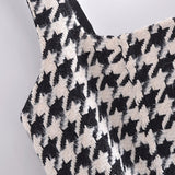 Women Vintage Tweed Houndstooth Backless Dress Female Fashion Party Casual Square Collar Slim Sling Mini Dresses