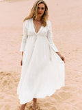 Deep V Neck Hollow Out Long Dress Women Plus Size Summer Beach Tunic White Sexy A Line Long Dress Vestidos Q274