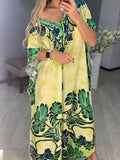 New Bohemian Printed V-Neck Half Sleeve Summer Beach Dress Green Cotton Tunic Women Beachwear Midi Dress Robe De Plage Q845
