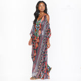 Printed V-Neck Off The Shoulder Dress Plus Size Kaftan Robe Moroccan Kaftan Tunic Summer Women Beachwear Q1352