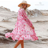 Sweet Pink Print Long Sleeve Front Open Vocation Midi Dress Pink Tunic Women Beach Wear Swim Suit Dresses A990
