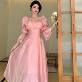 Sweet Back Puff Sleeve Dress Women Autumn  New Pink Bandage Dress Fashion Elegant Chiffon Long Dresses Female