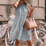 Women Summer Ruffled Casual Dress Loose O-Neck Sleeveless Solid Color Stitching Pullover Dress  New Retro Mini Dress