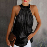 - Women Gold Blouse  New Fashion High Neck Sleeveless Hatler Tank Top Vest Summer Casual Loose Blouse Shirt Tee