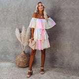High Quality Bohemian Rainbow Slash Neck High Waist Summer Mini Dress Chiffon Tunic Women Sexy Off the Shouder Party Dress A451