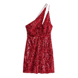 Summer Women Elegant Vintage Sexy Red Velvet Sequins Dress Female Casual Inclined Shoulder Party Slim Mini Dresses