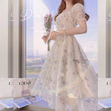 Summer Chiffon Elegant Kawali Dress Women Floral Print Sweet Princess Casual Midi Dress Puff Sleeve Party Holiday Dress