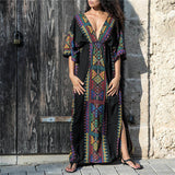 Elegant Quick-Drying Striped V-Neck Self Belted Summer Beach Dress Black Cotton Tunic Plus Size Women Beachwear Kaftan Q941