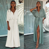 Sexy Button Pockets Front Open Self Belted High Waist Summer Dress White Tunic Women Clothes Street Wear Maxi Dress Q1111