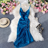 vmtvr- Fashionable V-neck backless drawstring pleated satin suspender dress  GEU592