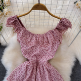 - Square neck ruffled A-line floral dress for seaside vacation GEU1012