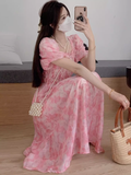 - Pink Square Neck Floral Chiffon Dress GEU1548