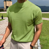 Momentlover Men's Korean Version Base Shirt Comfort Fashion Solid Color High Neck Short Sleeved T-shirt Casual Male Clothing Tees Streetwear