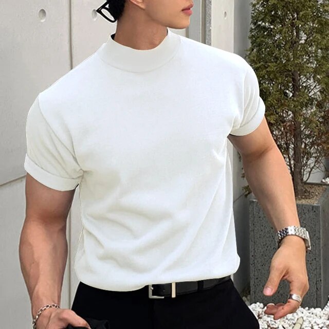 Momentlover Men's Korean Version Base Shirt Comfort Fashion Solid Color High Neck Short Sleeved T-shirt Casual Male Clothing Tees Streetwear