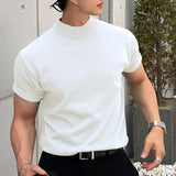 Momentlover Men's Korean Version Base Shirt Comfort Fashion Solid Color High Neck Short Sleeved T-shirt Casual Male Clothing Tees Streetwear