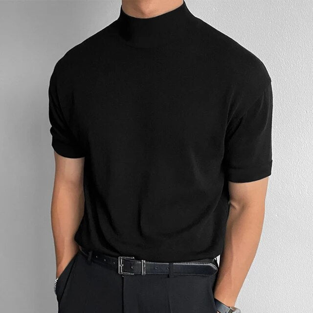 Momentlover Men's Korean Version Base Shirt Comfort Fashion Solid Color High Neck Short Sleeved T-shirt Casual Male Clothing Tees Streetwear