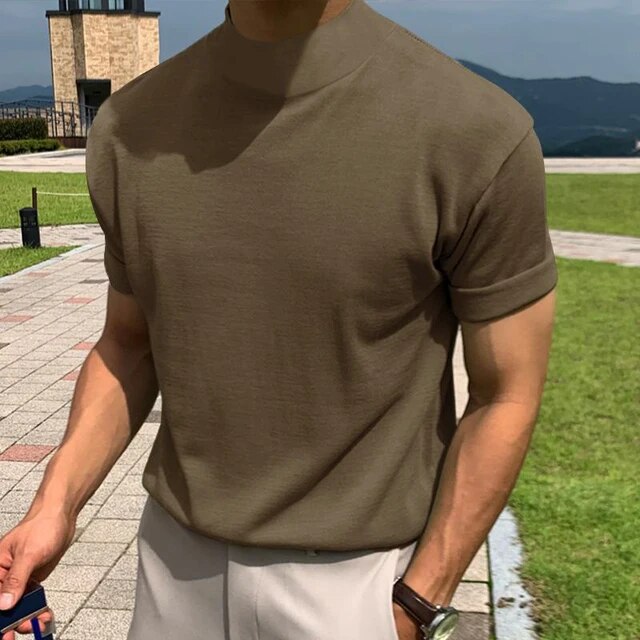 Momentlover Men's Korean Version Base Shirt Comfort Fashion Solid Color High Neck Short Sleeved T-shirt Casual Male Clothing Tees Streetwear