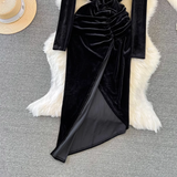 - Long-sleeved V-neck pleated waist mid-length irregular slit velvet dress  GEU811