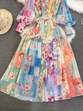 - Retro style lantern long-sleeved stand collar A-line print dress GEU962