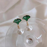 S925 Silver Needle Gingko Green Leaf Elegant Pearl Earrings