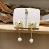 S925 Silver Needle Bow Pearl Fringe Earrings